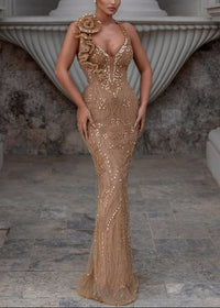 Matat Halter Floral Crystal Sequin Maxi Dress In Champagne