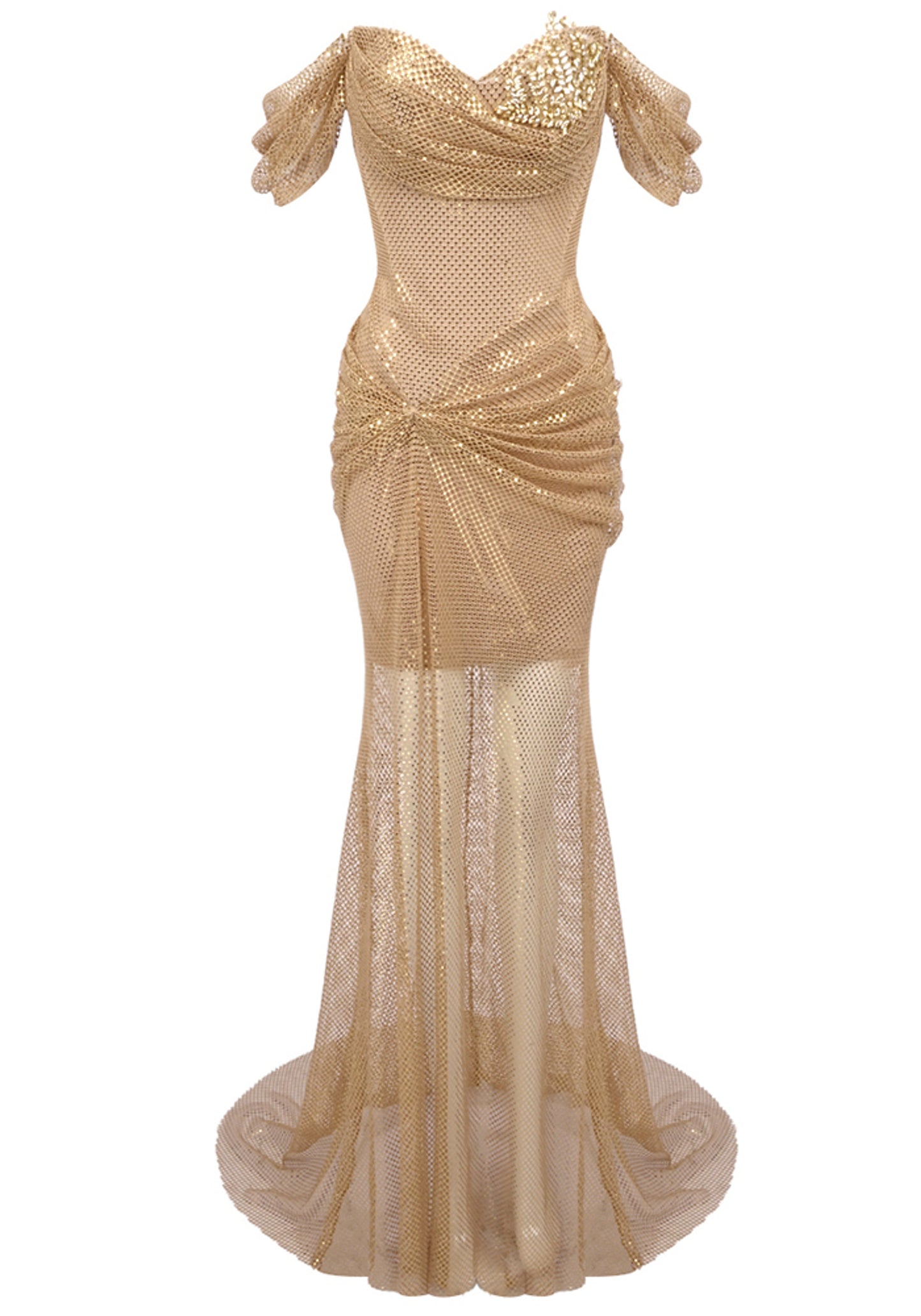 Blissany Draped Sparkly Maxi Dress In Gold