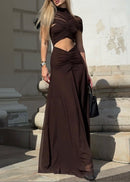 Farrux Draped Mesh A Line Maxi Dress In Brown