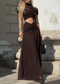 Farrux Draped Mesh A Line Maxi Dress In Brown