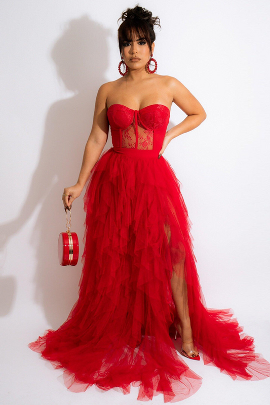 Tine Tulle Maxi Dress In Red