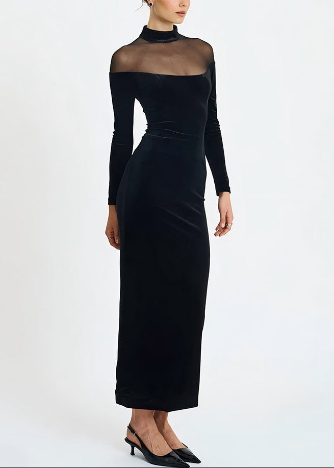 Doryxel Long Sleeve Mesh Insert Maxi Velvet Dress