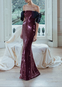 Ediva Bow Detail Bardot Sequin Maxi Dress In Brown