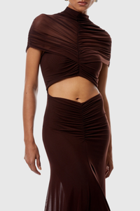 Farrux Draped Mesh A Line Maxi Dress In Brown