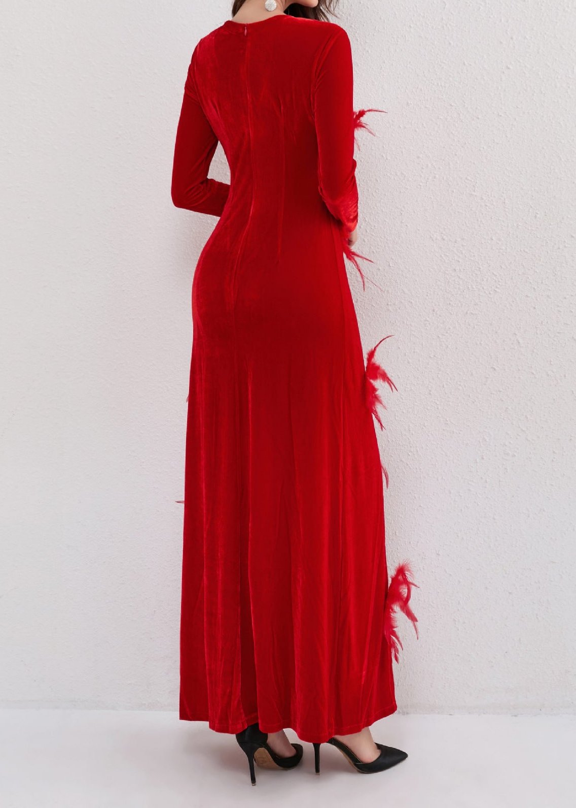 Ruzevich 3D Feather Flower Velvet Maxi Dress In Red