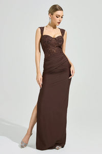 Luxyvar Lace Bustier Draped Maxi Dress In Brown