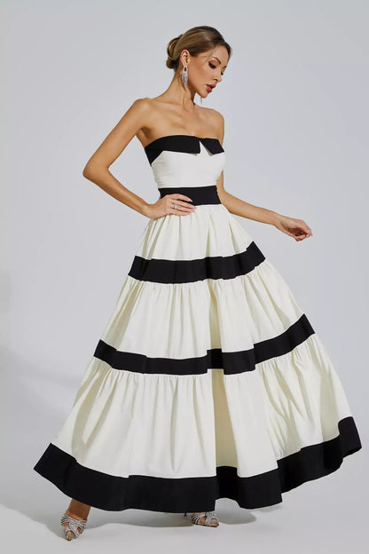 Jerryl Strapless Striped Bowknot Maxi Dress In White