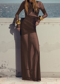 Ramesh Long Sleeve Mesh Insert Draped Maxi Dress In Brown