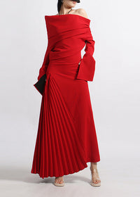 Zephyrine Red Pleated Maxi Dress with High Slit