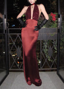 Flagria Plunge Neck Satin Sequin Maxi Dress