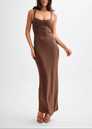 Aelithar Mesh Insert Sparkly Backless Maxi Dress In Brown