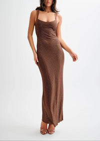 Aelithar Mesh Insert Sparkly Backless Maxi Dress In Brown