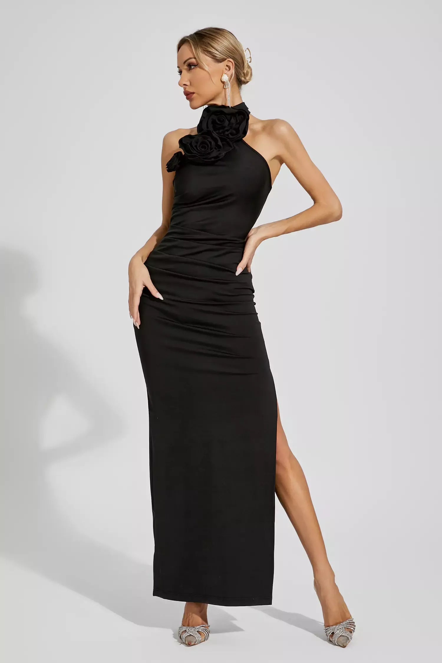 Dalary Black Floral Ruched Halter Maxi Dress