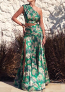 Saahira One Shoulder Floral Two Piece Maxi Dress In Green