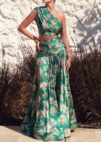 Saahira One Shoulder Floral Two Piece Maxi Dress In Green