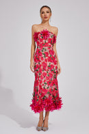 Chasity 3D Flower Embroidery Strapless Midi Dress In Rose Red
