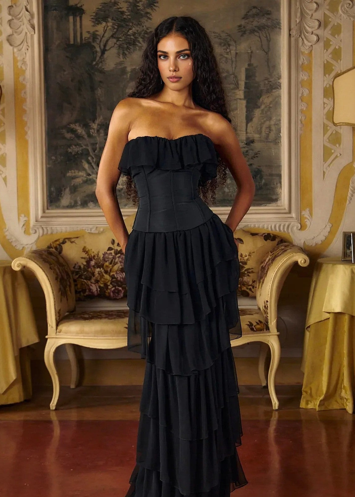 Koper Corseted Chiffon Maxi Dress Two-Piece Set In Black