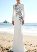 Romaine Long Sleeve Embellished Floral Detail Maxi Dress In White