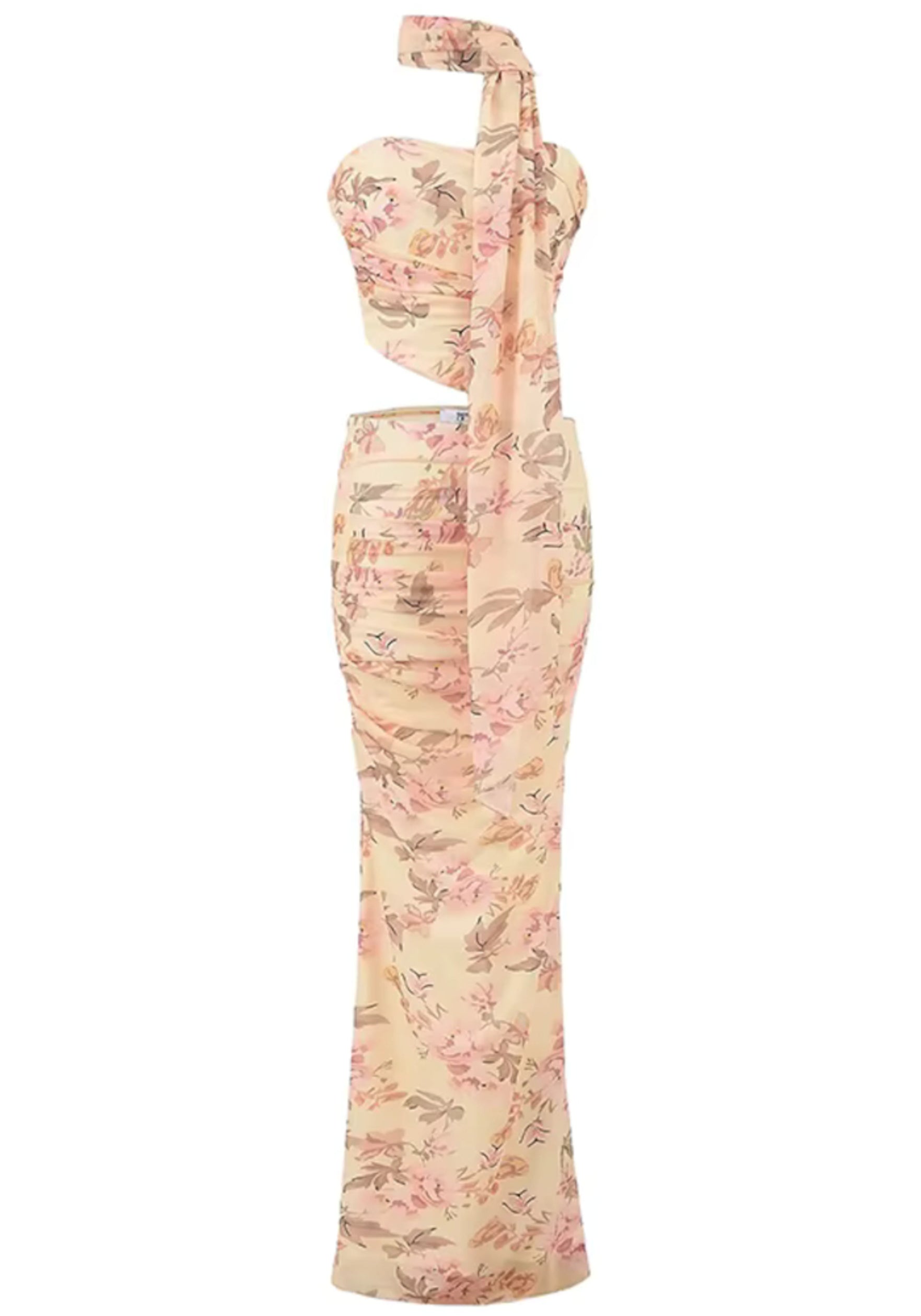 Nahuel Strapless Floral Two Piece Maxi Dress In Apricot