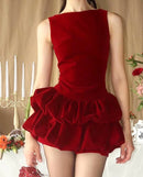 Aidric Puff Detail Velvet Mini Dress In Red
