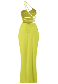 Brynhildr One Shoulder Draped Strappy Maxi Dress In Chartreuse