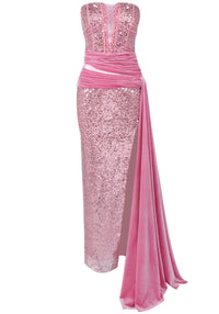 Kryxan Strapless Sequin Draped Maxi Dress In Pink