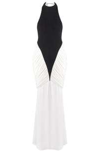 Gaelion Halter Draped Detail Maxi Dress In Black White