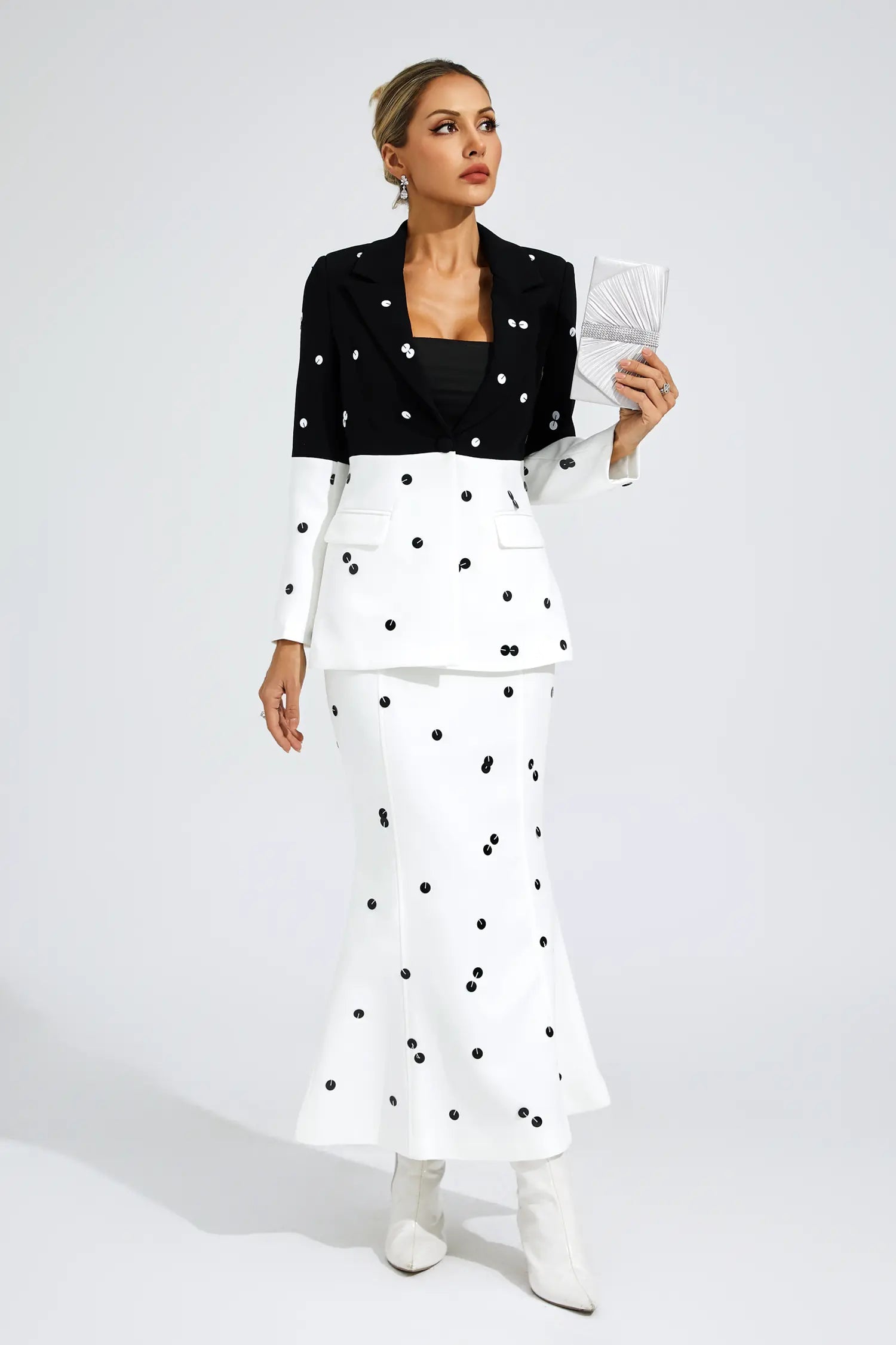 Daryle Polka Dot Sequins Blazer Set In White