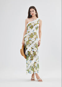 Catherine One Shoulder Flower Embroidered Maxi Dress