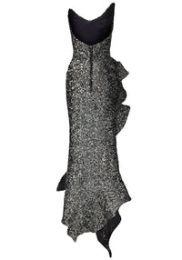 Janaki Strapless Sequin Ruffle Maxi Dress In Silver