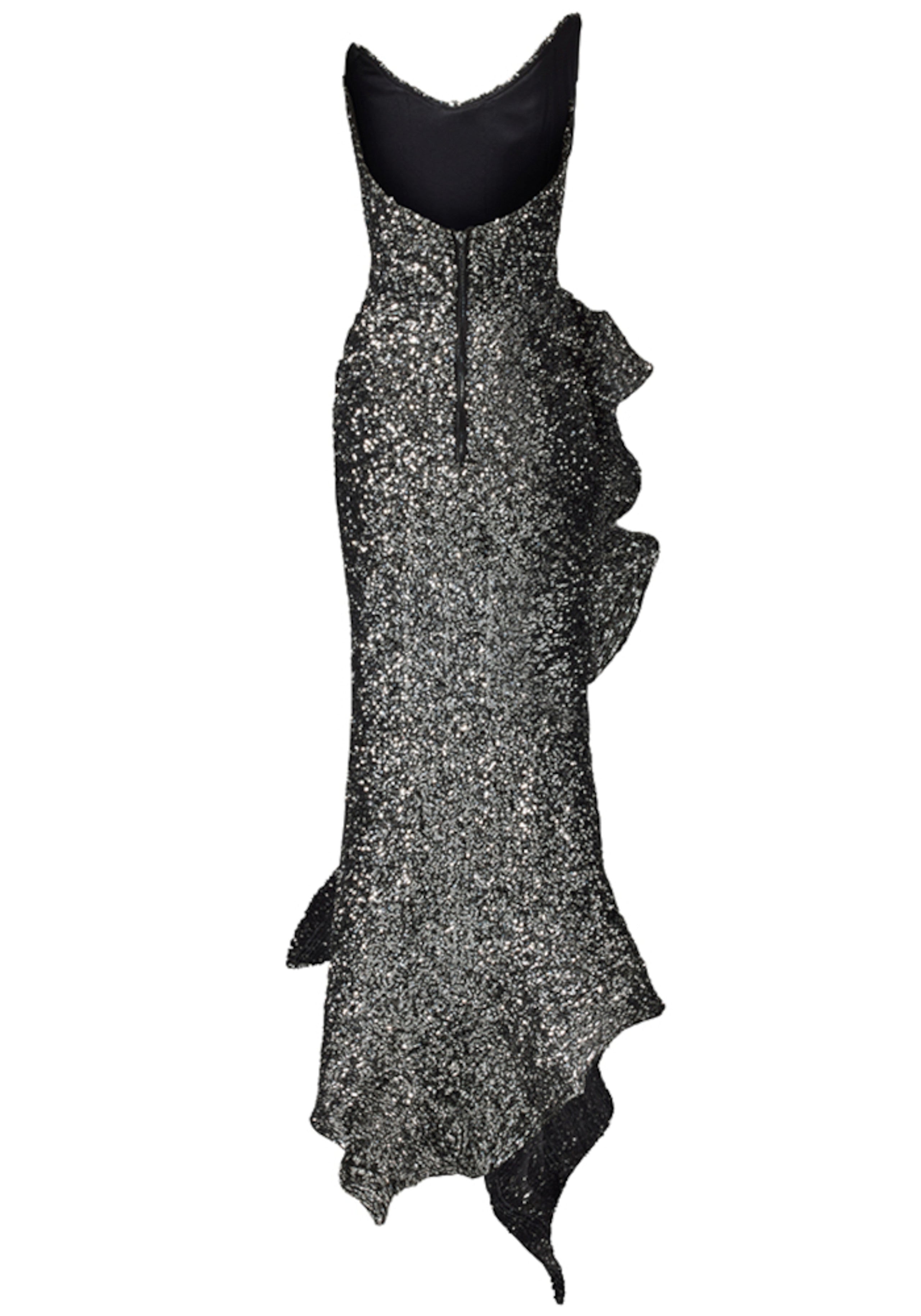Janaki Strapless Sequin Ruffle Maxi Dress In Silver