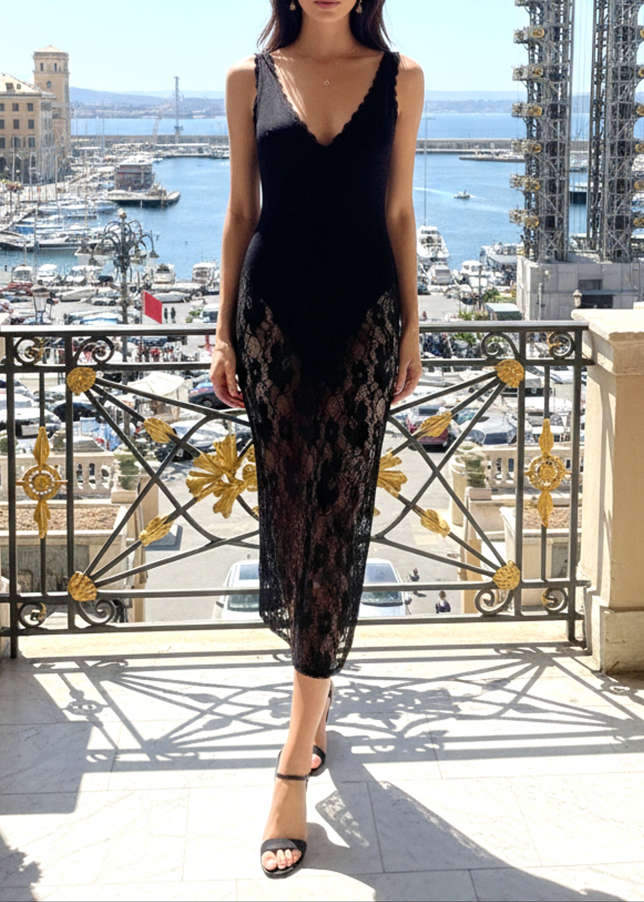 Fariba Scalloped Lace Midi Dress In Black