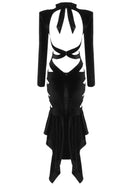 Humvee Long Sleeve Cutout Fluted Midi Velvet Dress In Black