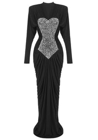 Jalynne Long Sleeve Crystal Front Draped Maxi Dress