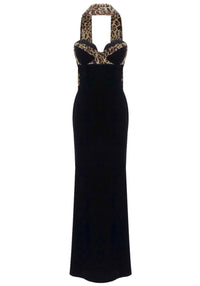 Jyressa Strapless Animal Print Bustier Maxi Velvet Dress In Black
