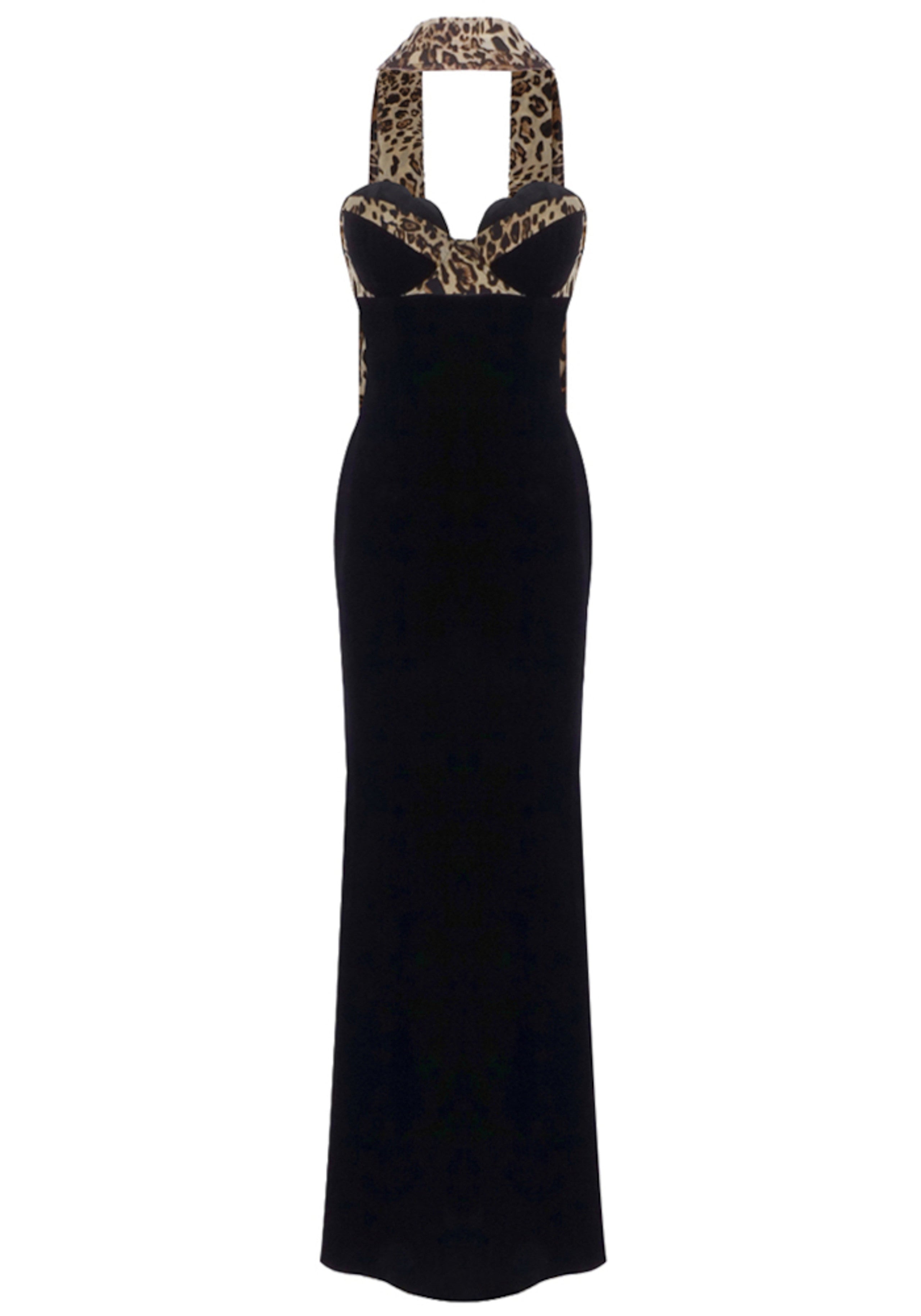 Jyressa Strapless Animal Print Bustier Maxi Velvet Dress In Black