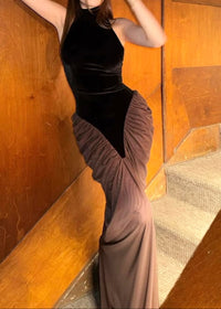 Aithley Halter Draped Maxi Velvet Dress In Black Brown