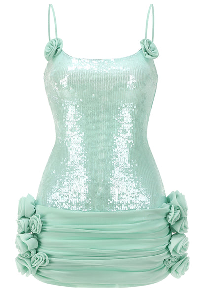 Quivyx Sequin Floral Draped Corset Mini Dress In Green