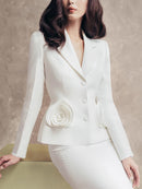 Qwerty Flower Embellished Jacket Skirt Set In White