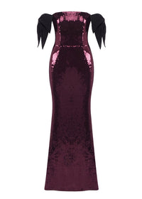 Ediva Bow Detail Bardot Sequin Maxi Dress In Brown