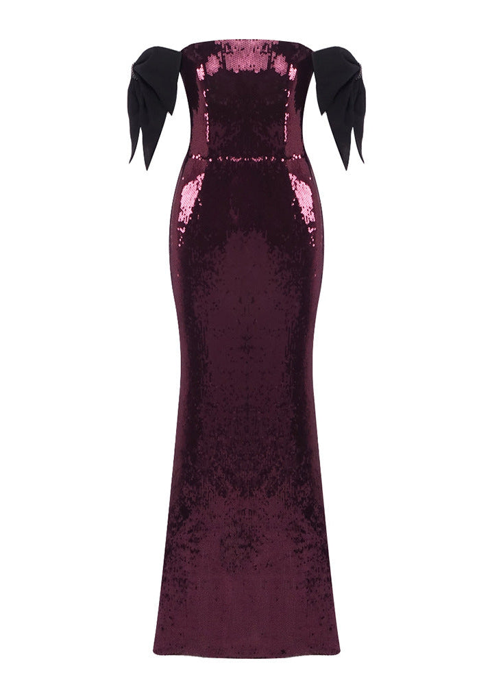 Ediva Bow Detail Bardot Sequin Maxi Dress In Brown