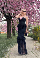 Clora Halter Floral Lace Ruffle Maxi Dress In Black