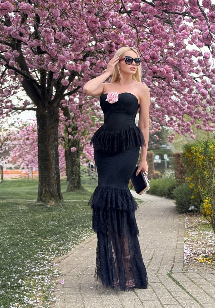 Clora Halter Floral Lace Ruffle Maxi Dress In Black