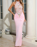 Kyxara Halter Floral Sequin Embroidered Maxi Dress In Pink