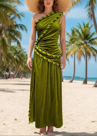 Braewyn One Shoulder Maxi Velvet Dress In Green