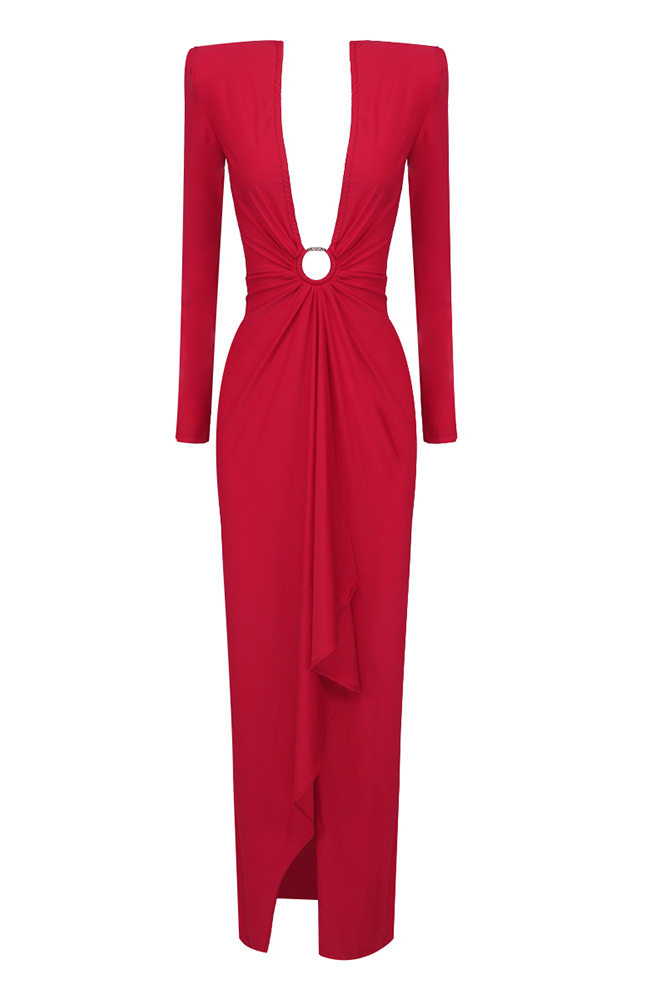 Furly Long Sleeve Ring V-Neck Maxi Dress In Red