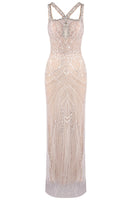 Ozron Crystal Pearl Sequin Maxi Dress In Nude