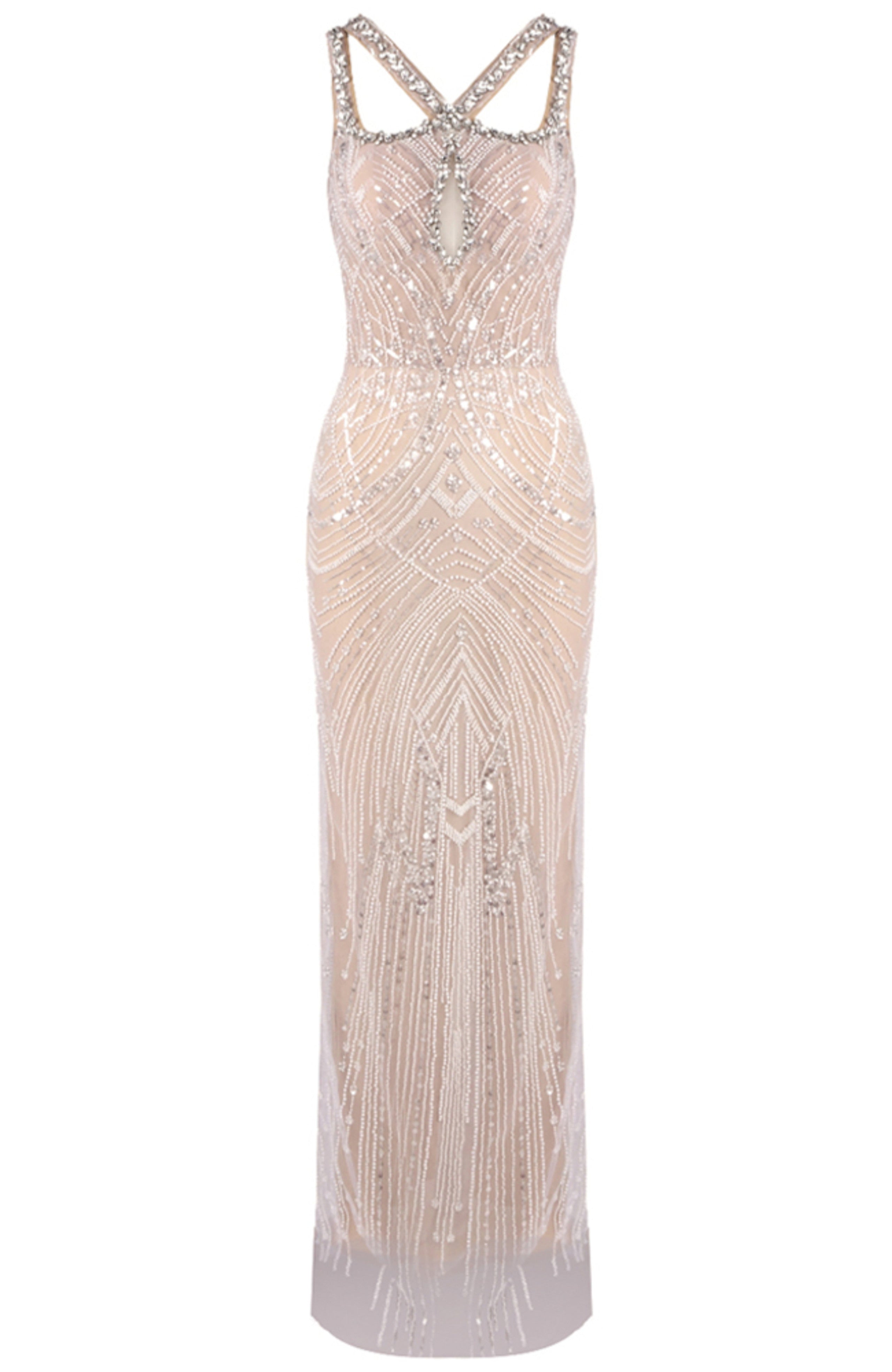 Ozron Crystal Pearl Sequin Maxi Dress In Nude