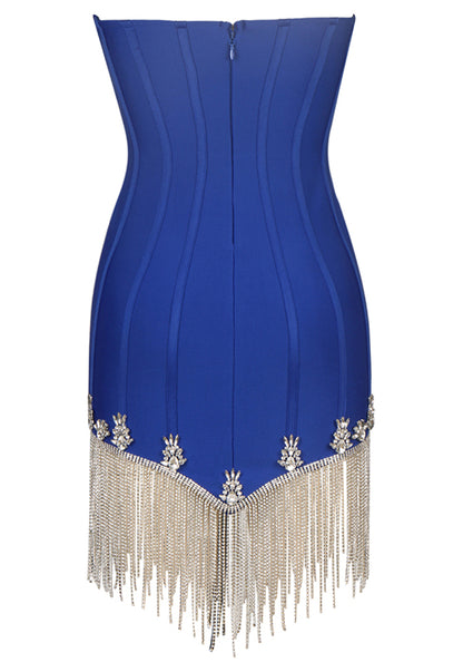 Balius Strapless Crystal Tassel Dress In Blue