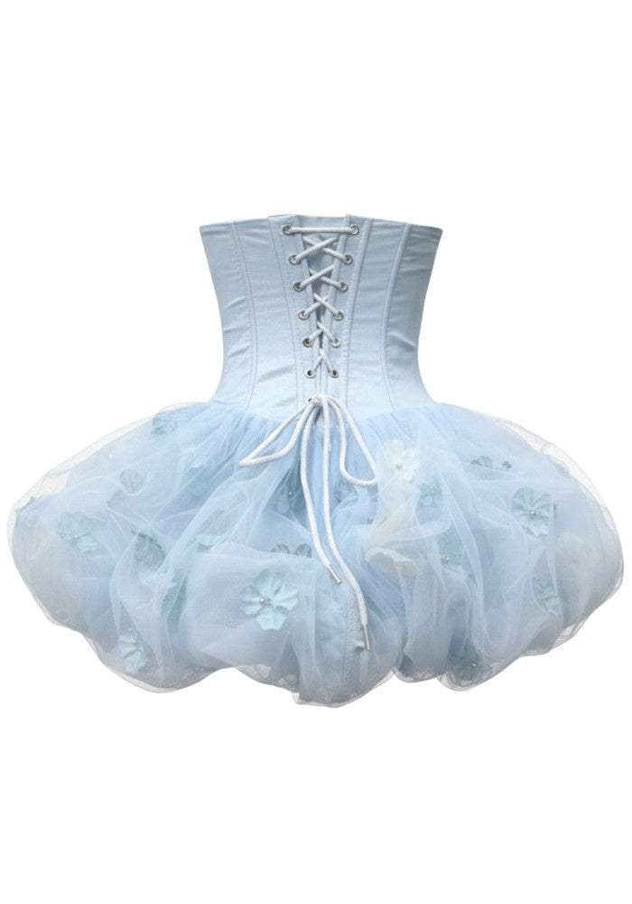 Alviva Strapless Floral Corset Bubble Mini Dress In Blue